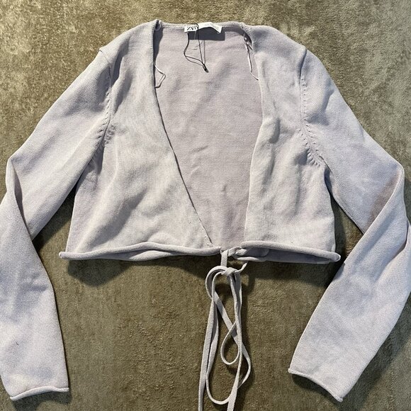 Zara Cardigan Womens XL Lavende Lilac Knit  Long Sleeve Cropped Tie Wrap Sweater - Picture 1 of 5
